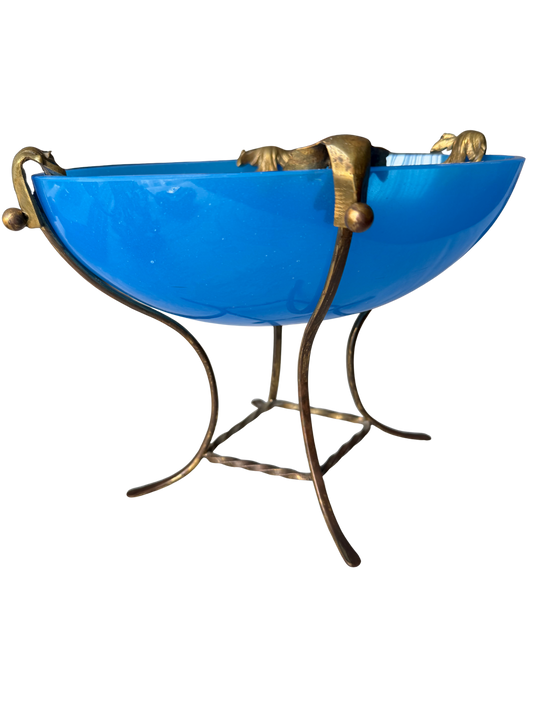 Blue Opaline Glass Centerpiece Bowl in Gilt Brass Foliate Stand