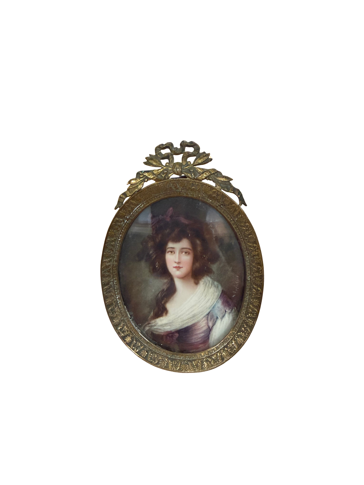 Antique Portrait Miniature of a Young Woman in Bow-Topped Ormolu Frame