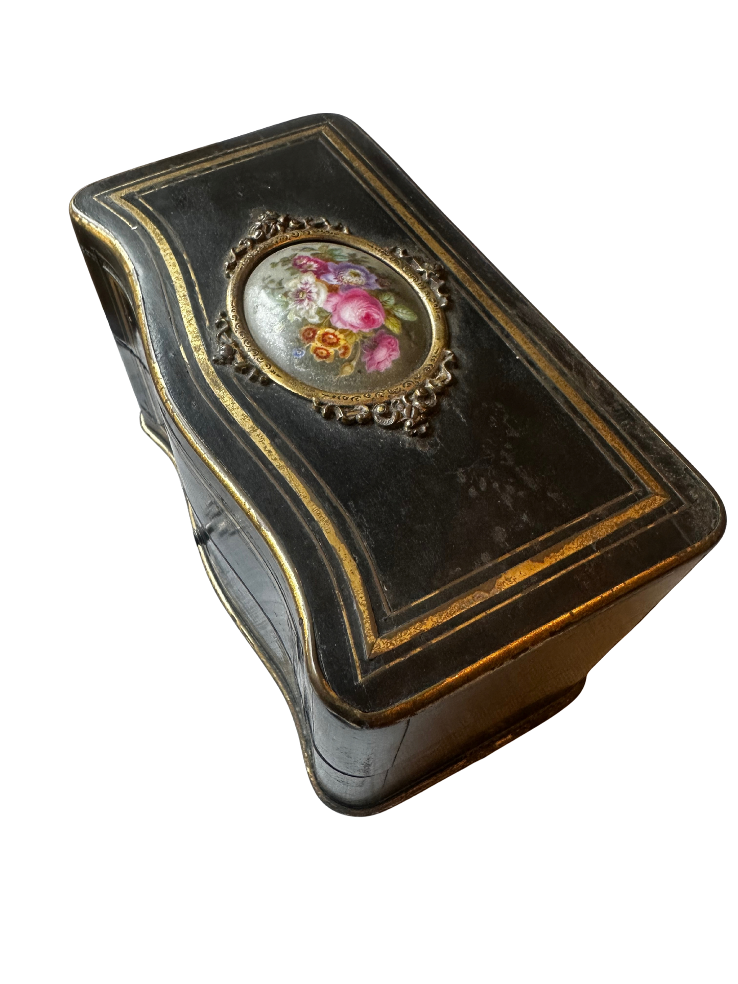 Napoléon III Ebonized Wood Perfume Casket with Painted Floral Plaque and Two Crystal Bottles