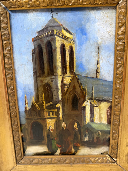 19th Century French School Oil Painting of Breton Church Scene, Monogrammed “LV”