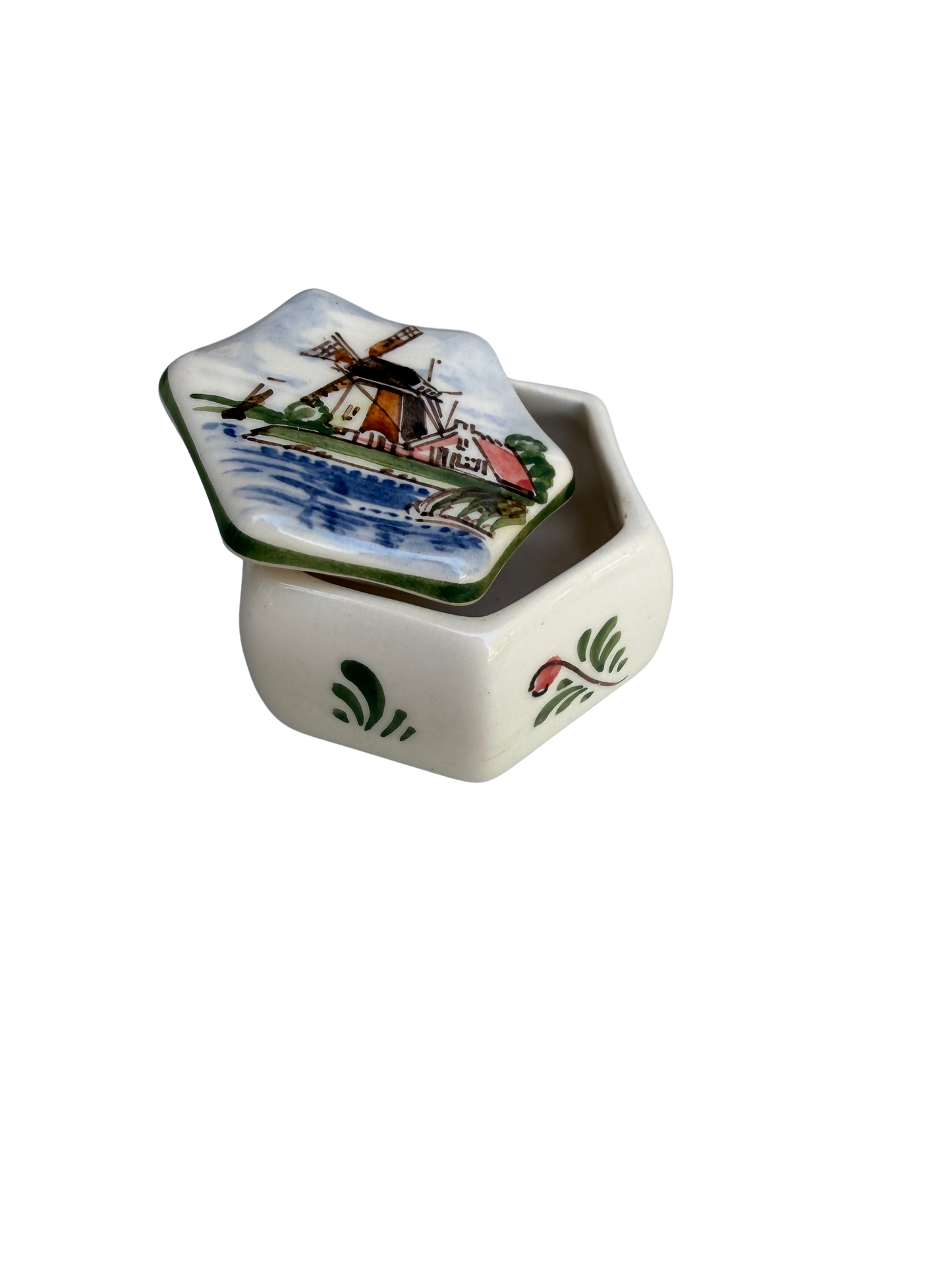 Vintage Dutch Hand-Painted Delft-Style Windmill Trinket Box, Mid-20th Century
