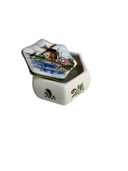 Vintage Dutch Hand-Painted Delft-Style Windmill Trinket Box, Mid-20th Century