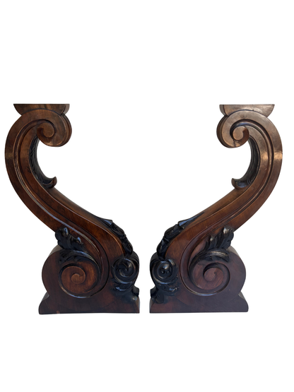 Pair of Monumental Carved Wooden Scroll Corbels / Architectural Brackets
