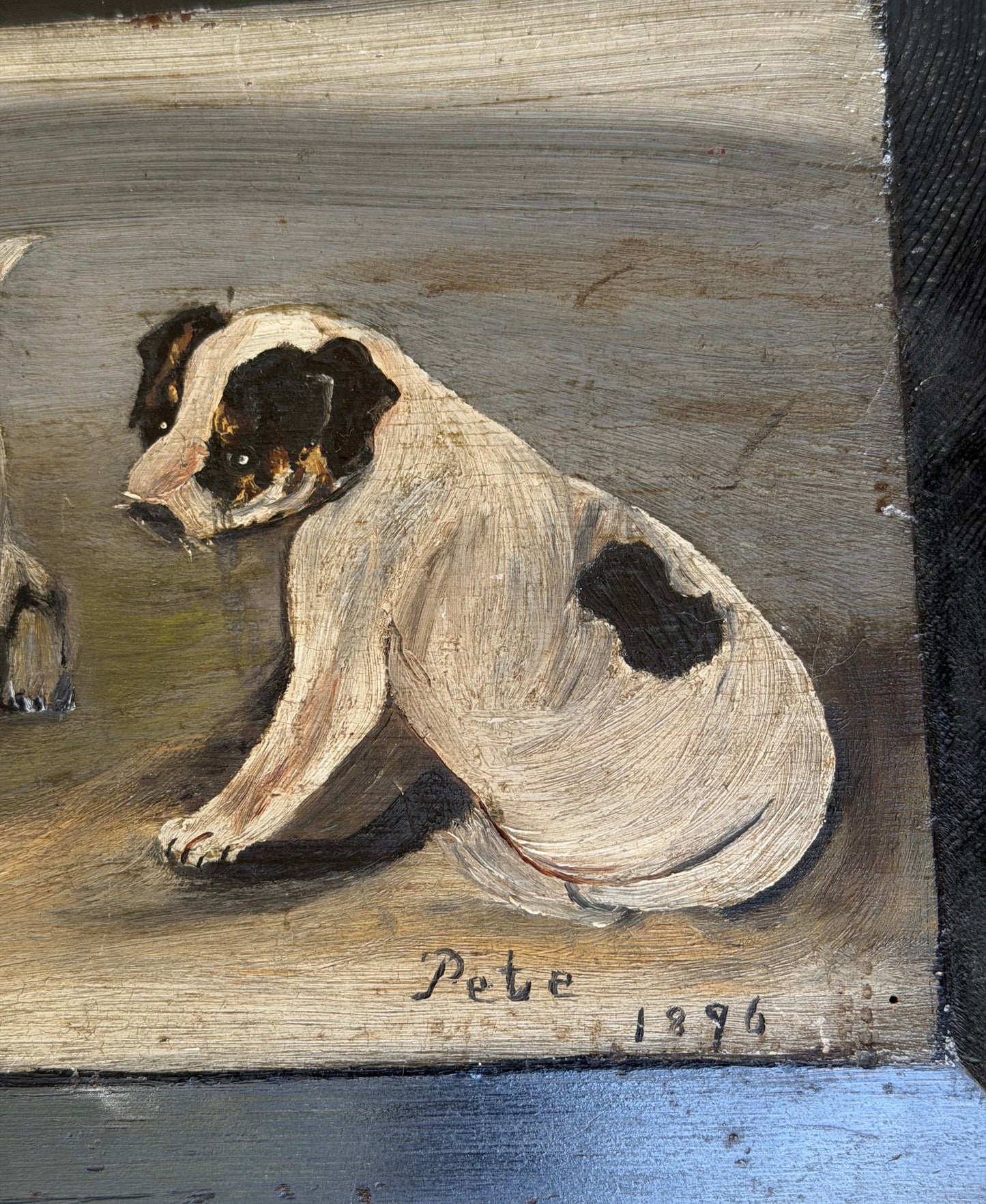 Antique 1896 Folk Art Terrier Puppies Oil Painting on Wood Panel, Signed “Pete”