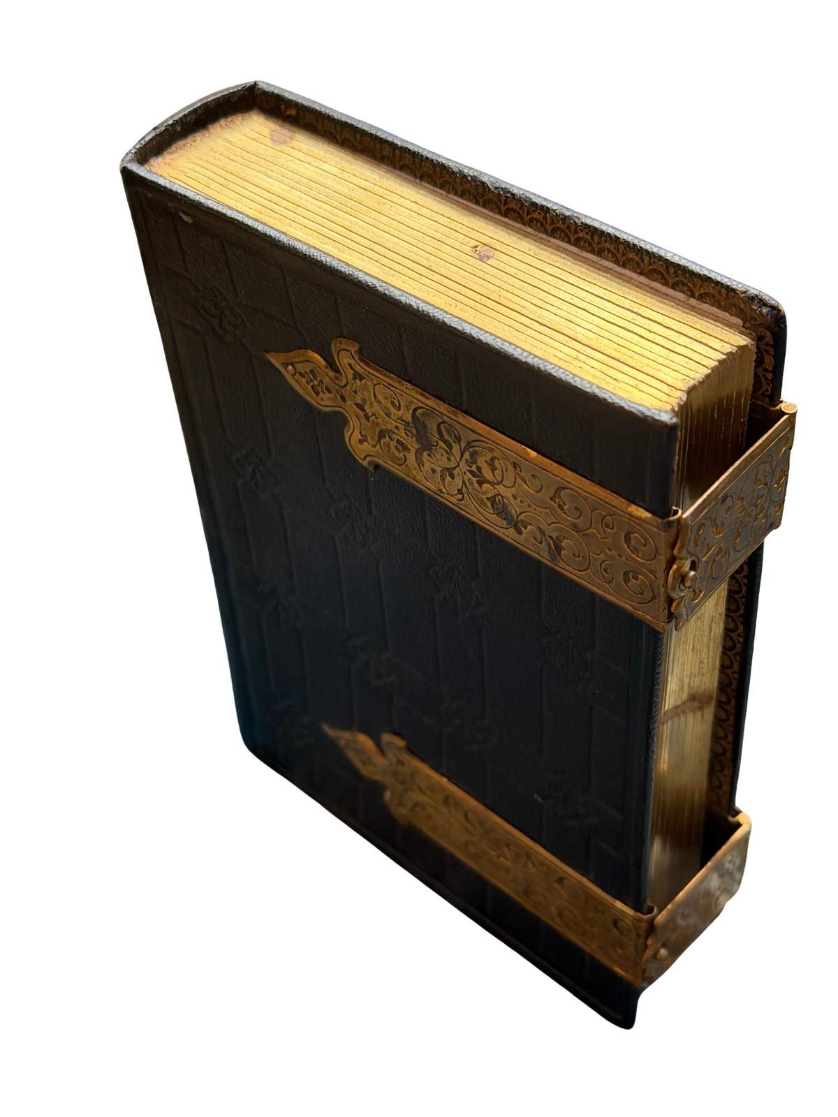 Antique Victorian Black Leather Photograph Album with Ornate Engraved Brass Clasps and Gilt Edges, Circa 1860–1880