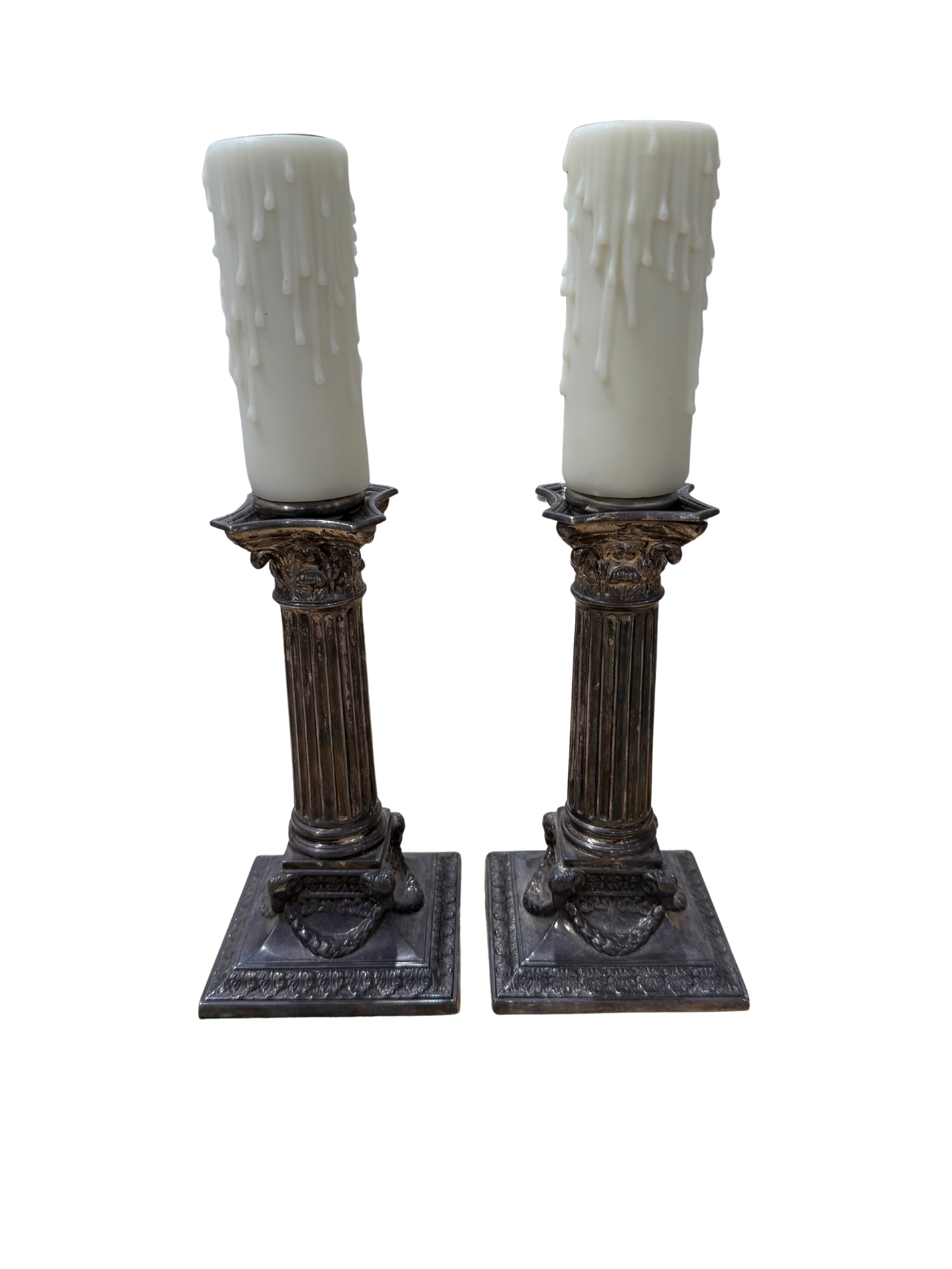 Pair of Neoclassical Corinthian Silverplate Candlesticks, Professionally Converted to Cordless Accent Lamps