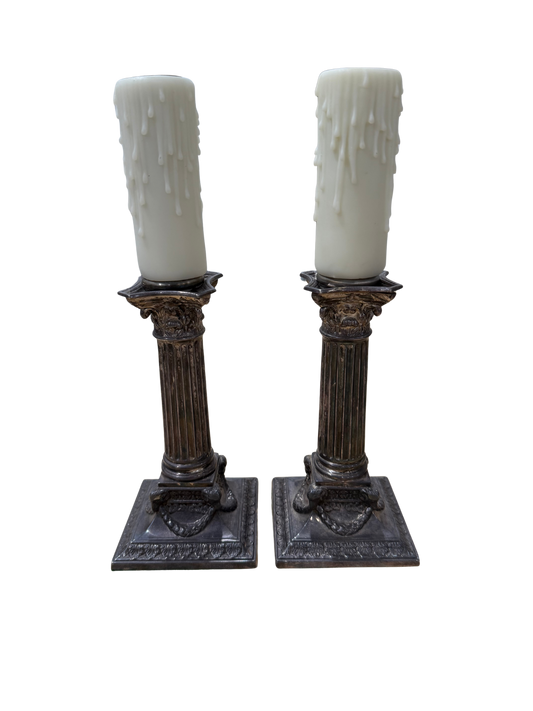 Pair of Neoclassical Corinthian Silverplate Candlesticks, Professionally Converted to Cordless Accent Lamps