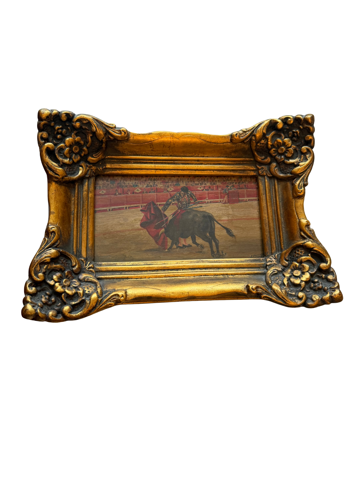 Small Spanish Bullfighting Scene, Signed J. Parraga (Forward-Facing)