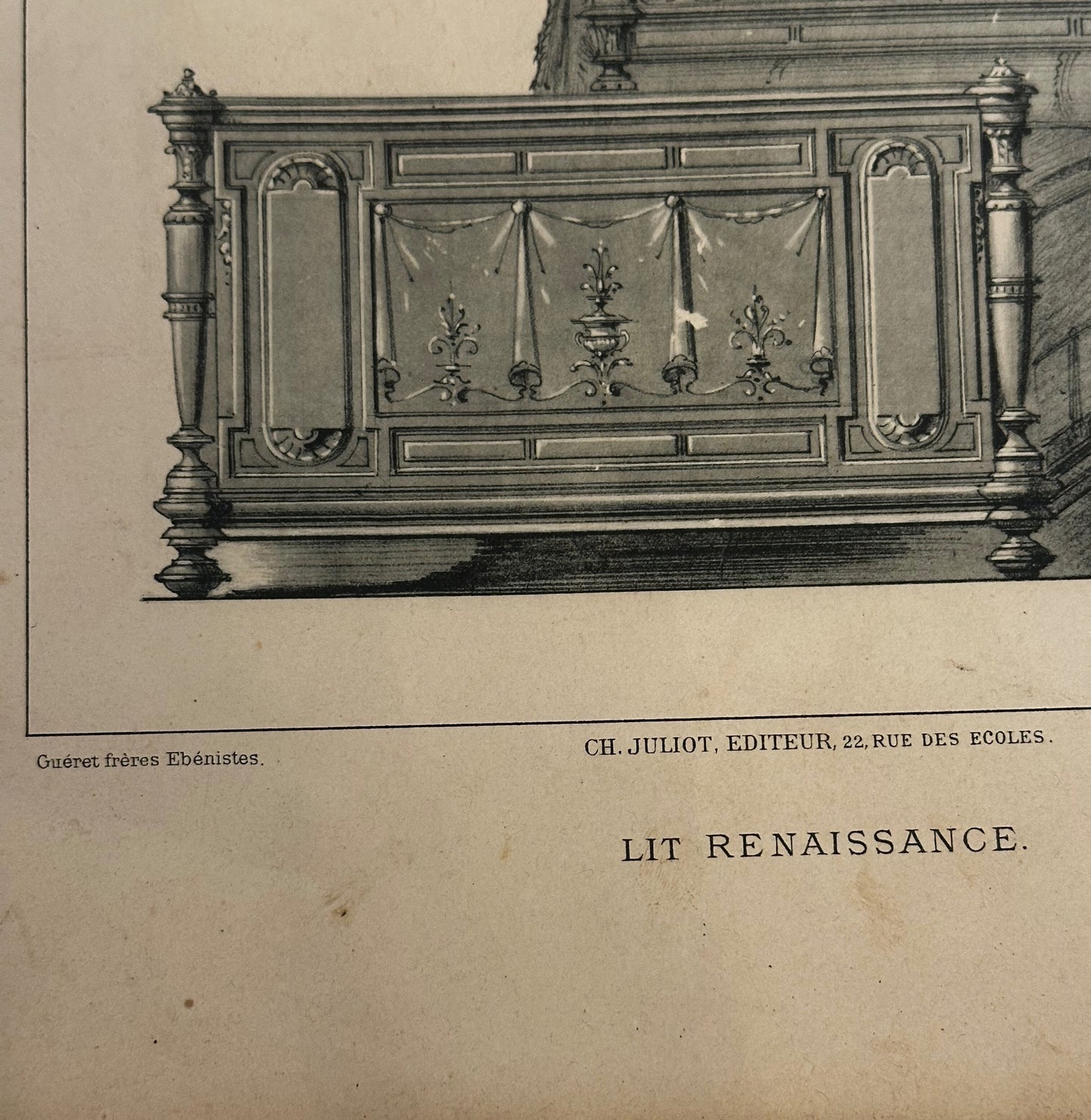 19th-Century French Furniture Design Engraving — Lit Renaissance, Plate 27, Le Mobilier d’Art