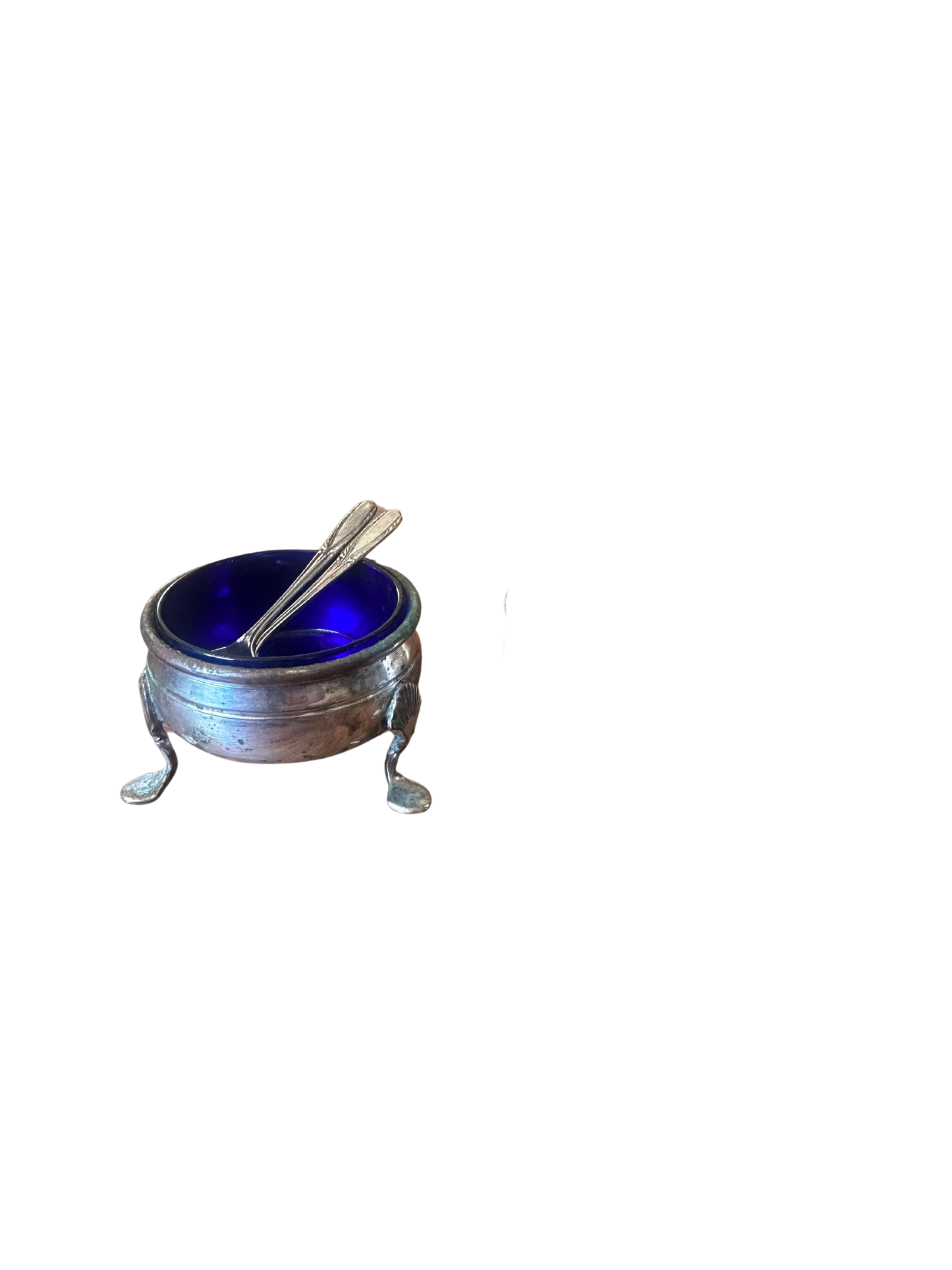 Silver Salt Cellar with Shell Legs (Tarnish) with Cobalt Blue Insert and Sterling Silver Spoon (Lion Print)