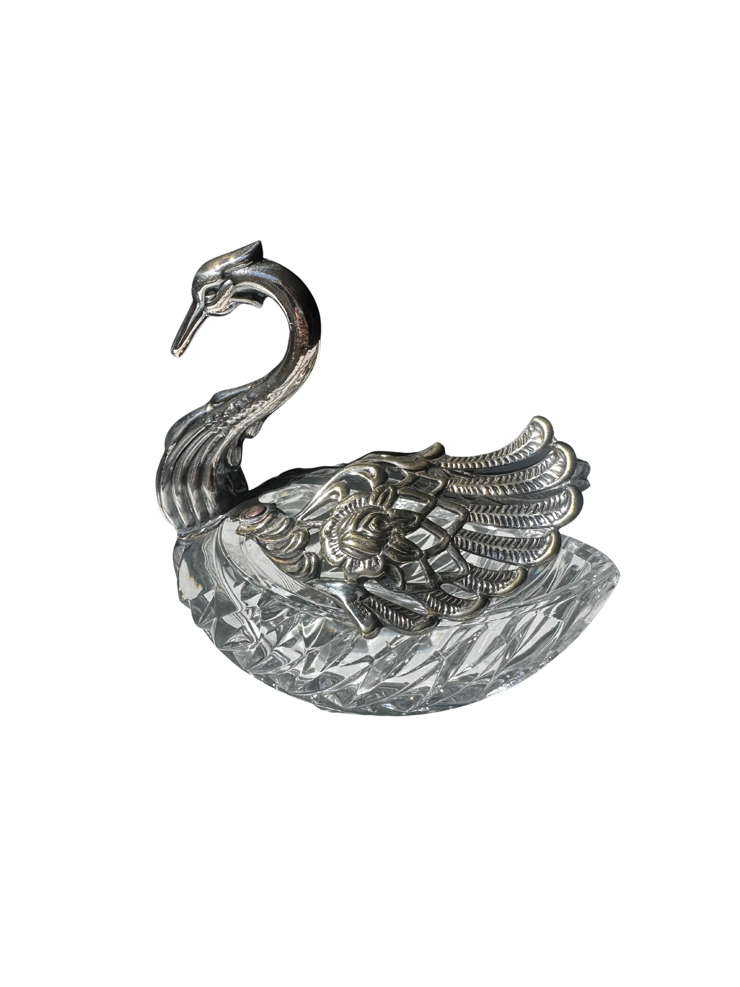 Silverplate Swan Figural Master Salt Cellar with Cut Crystal Bowl