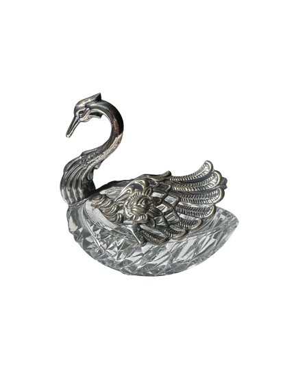 Silverplate Swan Figural Master Salt Cellar with Cut Crystal Bowl