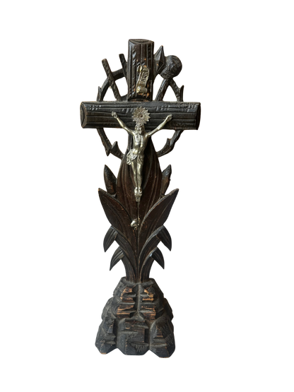 Black Forest–Style Carved Wooden Crucifix with Silverplate Corpus