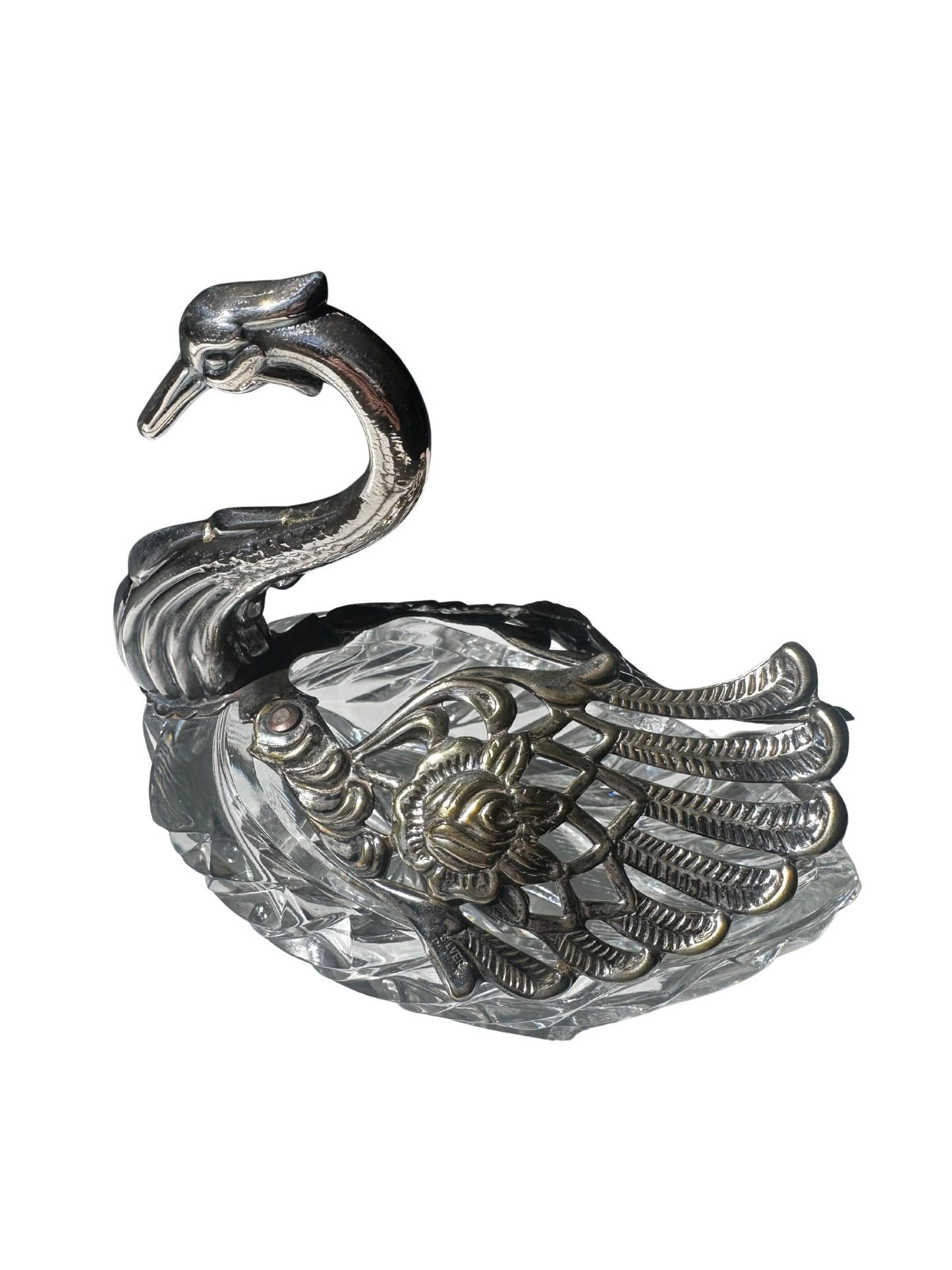 Silverplate Swan Figural Master Salt Cellar with Cut Crystal Bowl
