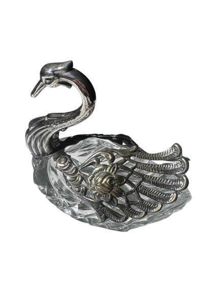 Silverplate Swan Figural Master Salt Cellar with Cut Crystal Bowl