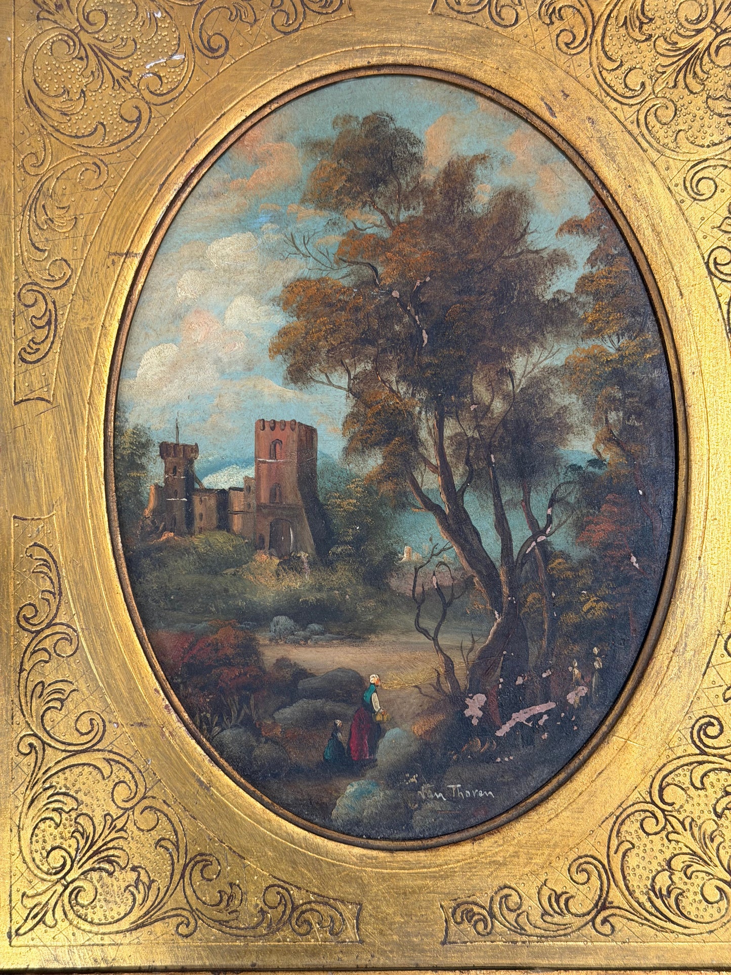 Attributed Otto Van Thoren Oval Landscape Painting with Castle Ruins in Giltwood Frame