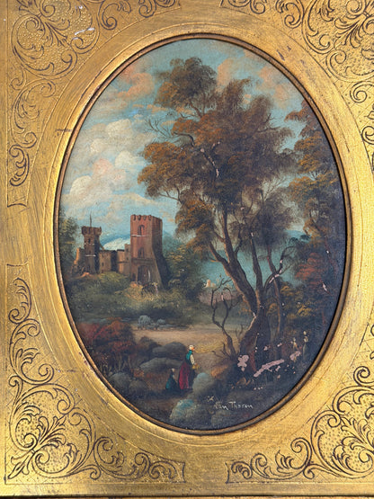 Attributed Otto Van Thoren Oval Landscape Painting with Castle Ruins in Giltwood Frame