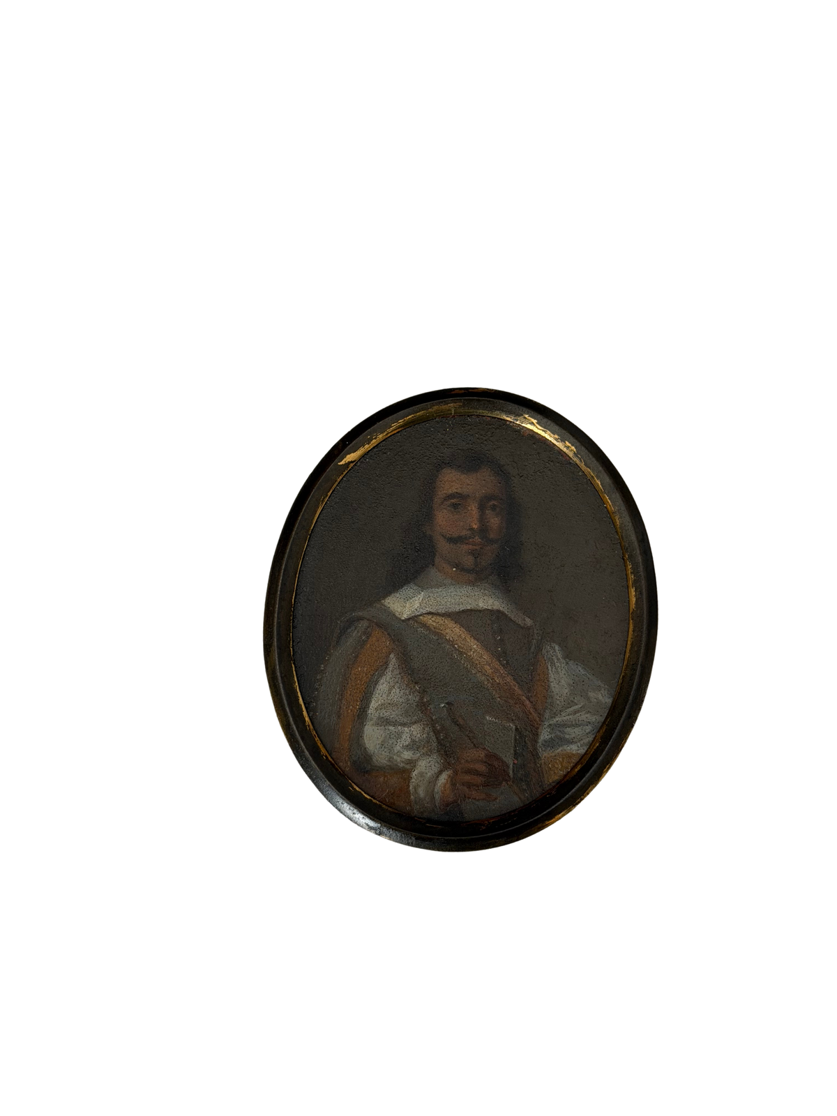 17th-Century Style European Gentleman Holding a Quill and Document, Oil on Copper Portrait Miniature (Mid-17th to Early 18th C)