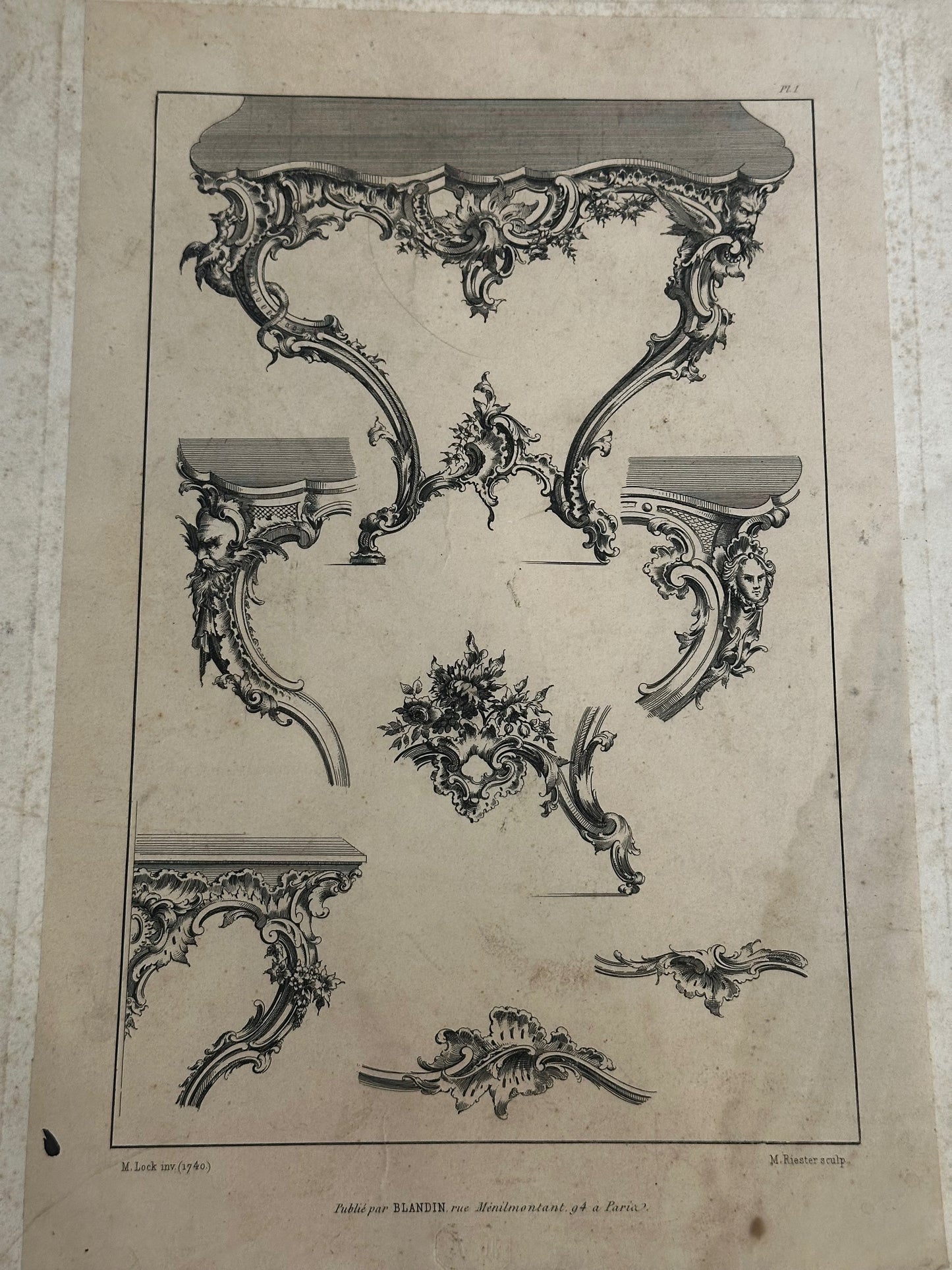 19th-Century French Rococo Revival Furniture Ornament Engraving — Plate I