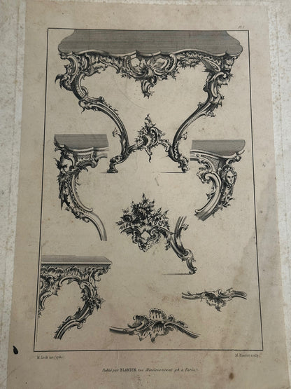 19th-Century French Rococo Revival Furniture Ornament Engraving — Plate I