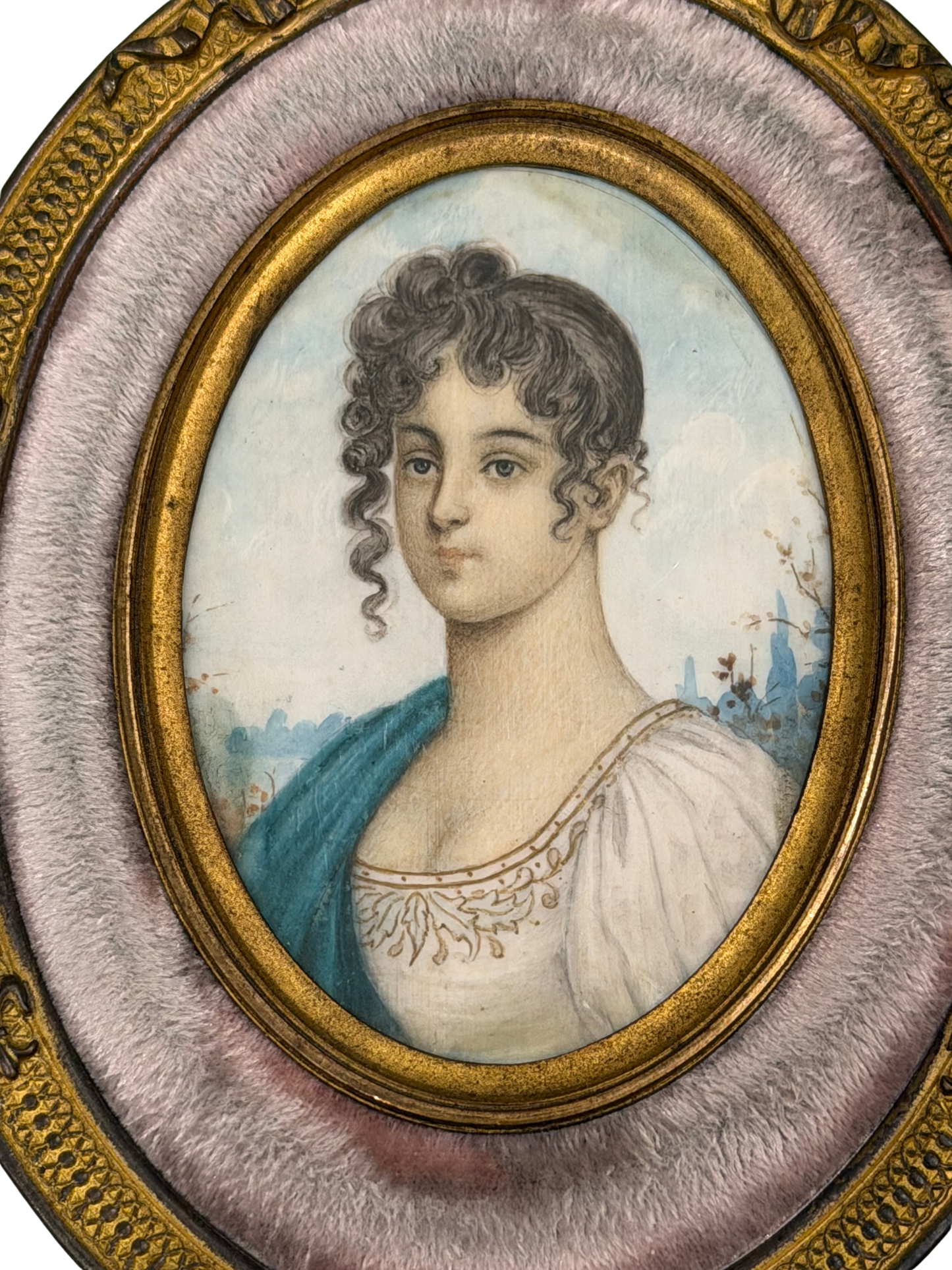 Portrait Miniature Likely Depicting Wilhelmine Herzlieb on Mother-of-Pearl in Crowned Gilt Brass Frame