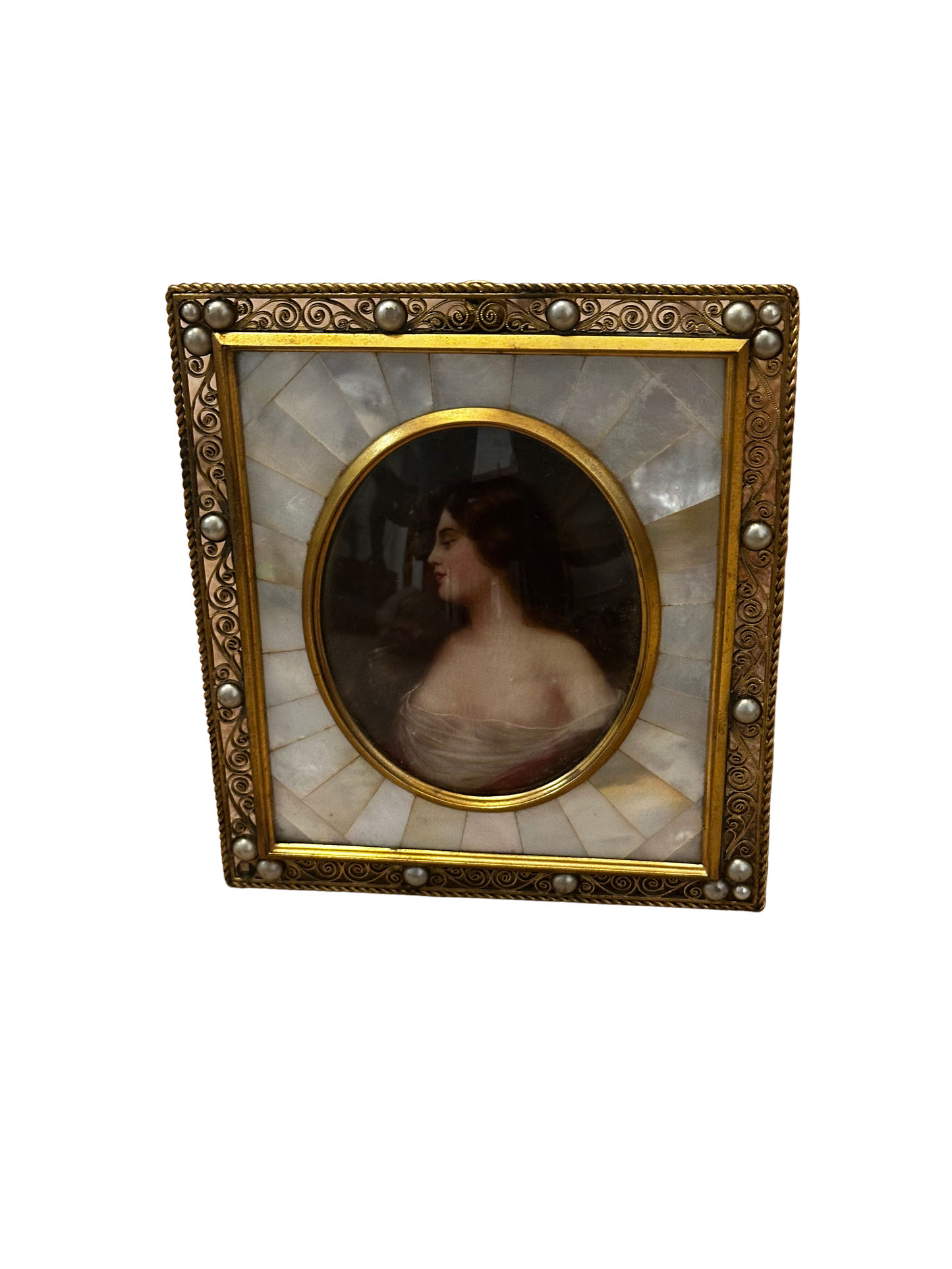 Antique Portrait Miniature in Mother-of-Pearl and Filigree Frame (Bare Breasted)