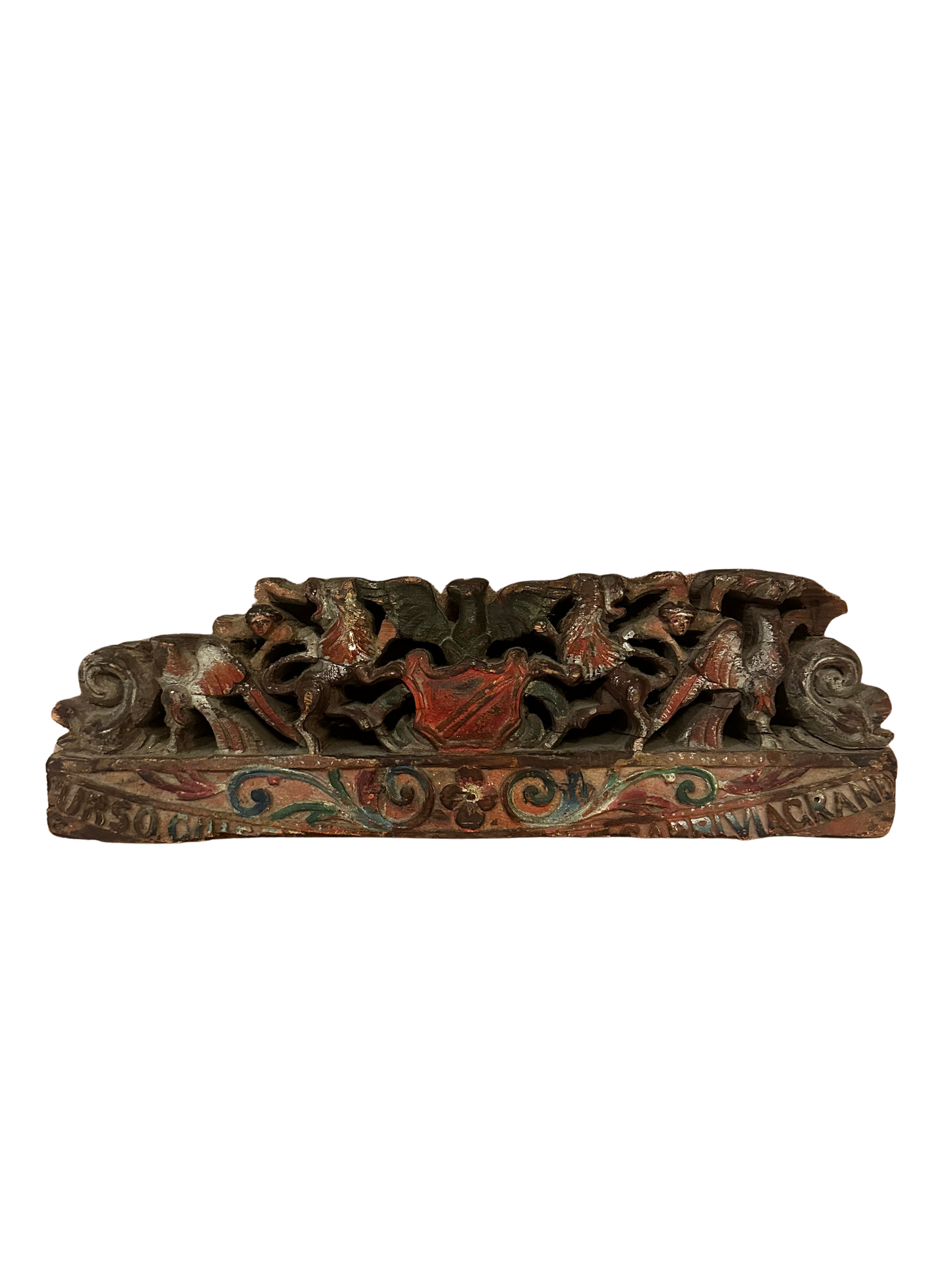 Antique Polychrome Carved Sicilian Cart Fragment with Shield