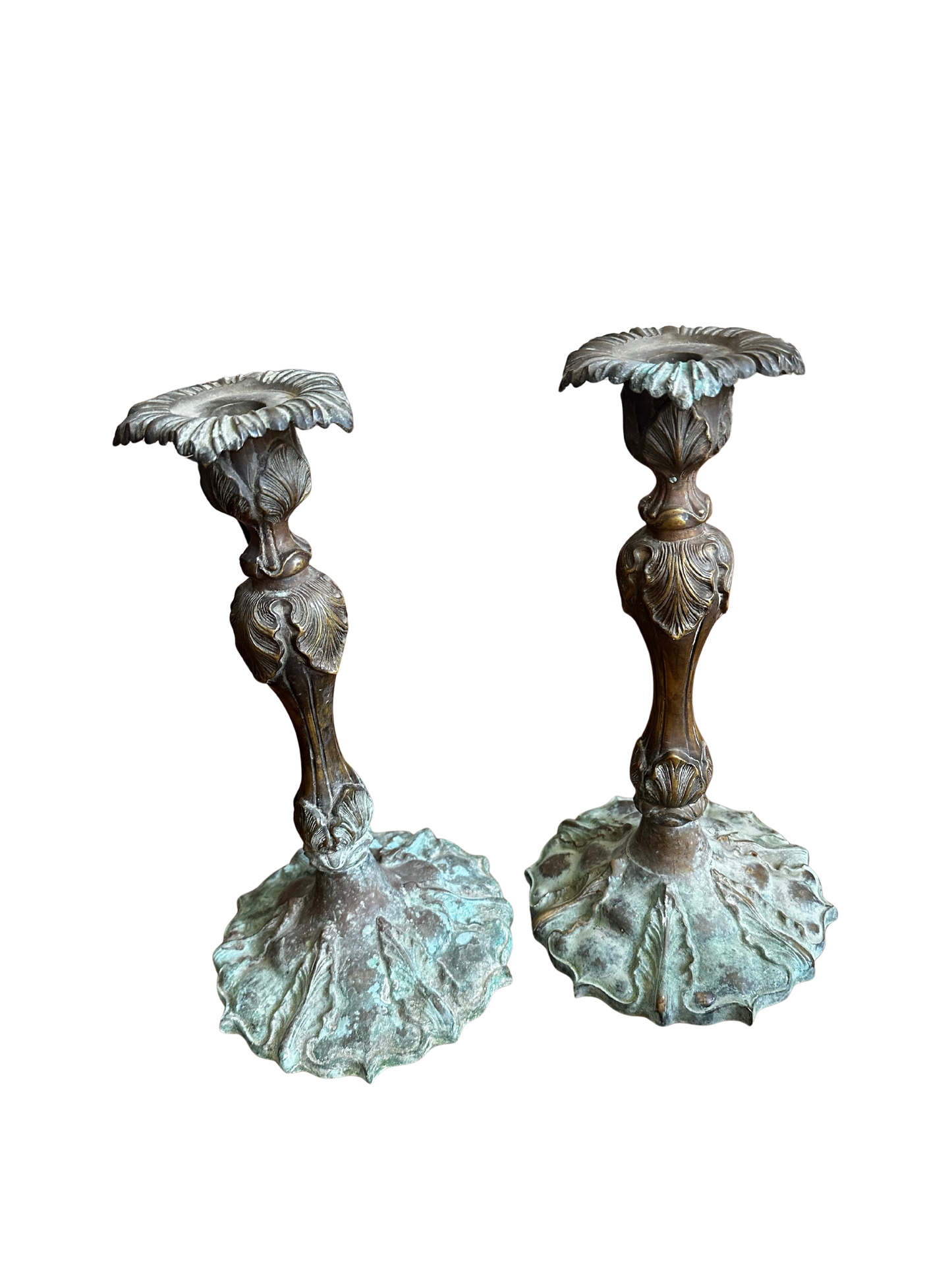 Late 19th / Early 20th C Art Nouveau Verdegris Bronze Candlesticks