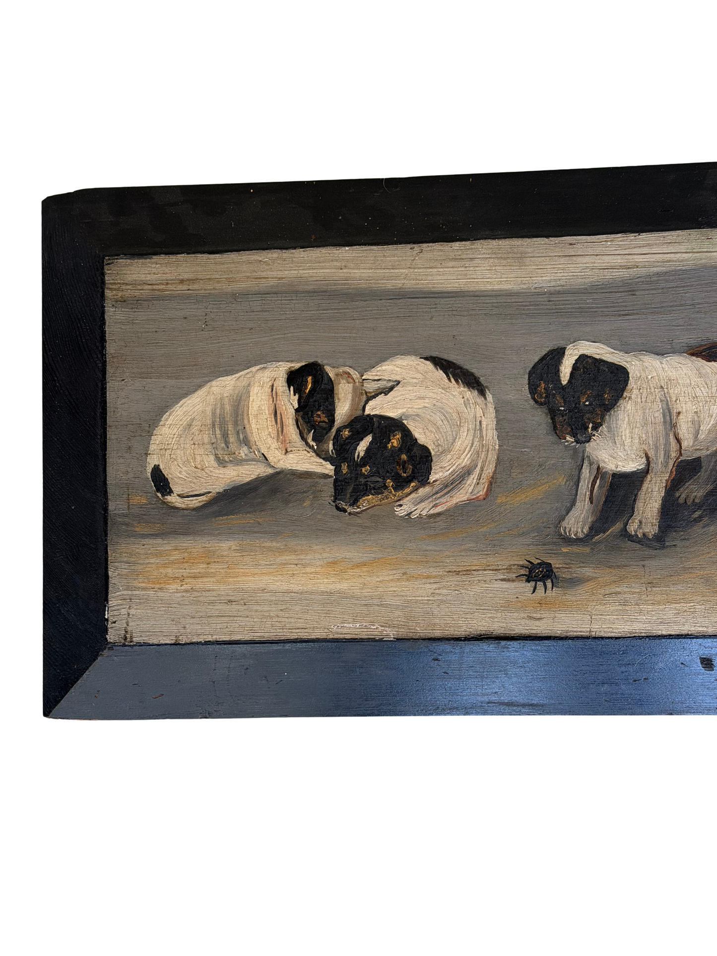 Antique 1896 Folk Art Terrier Puppies Oil Painting on Wood Panel, Signed “Pete”