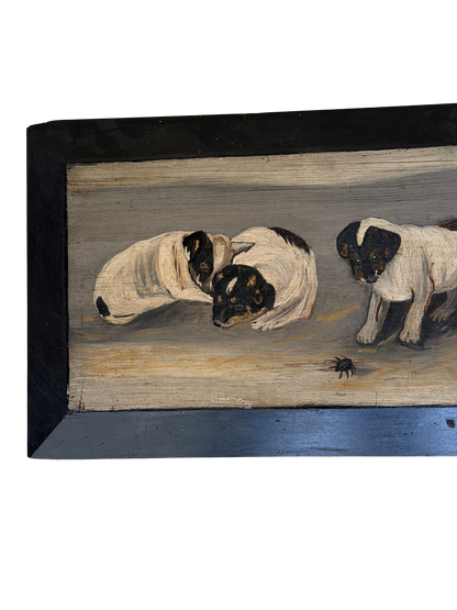 Antique 1896 Folk Art Terrier Puppies Oil Painting on Wood Panel, Signed “Pete”