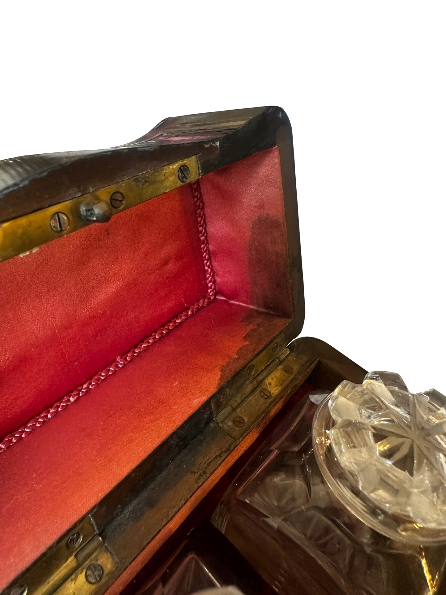 Napoléon III Ebonized Wood Perfume Casket with Painted Floral Plaque and Two Crystal Bottles