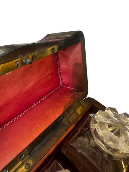 Napoléon III Ebonized Wood Perfume Casket with Painted Floral Plaque and Two Crystal Bottles