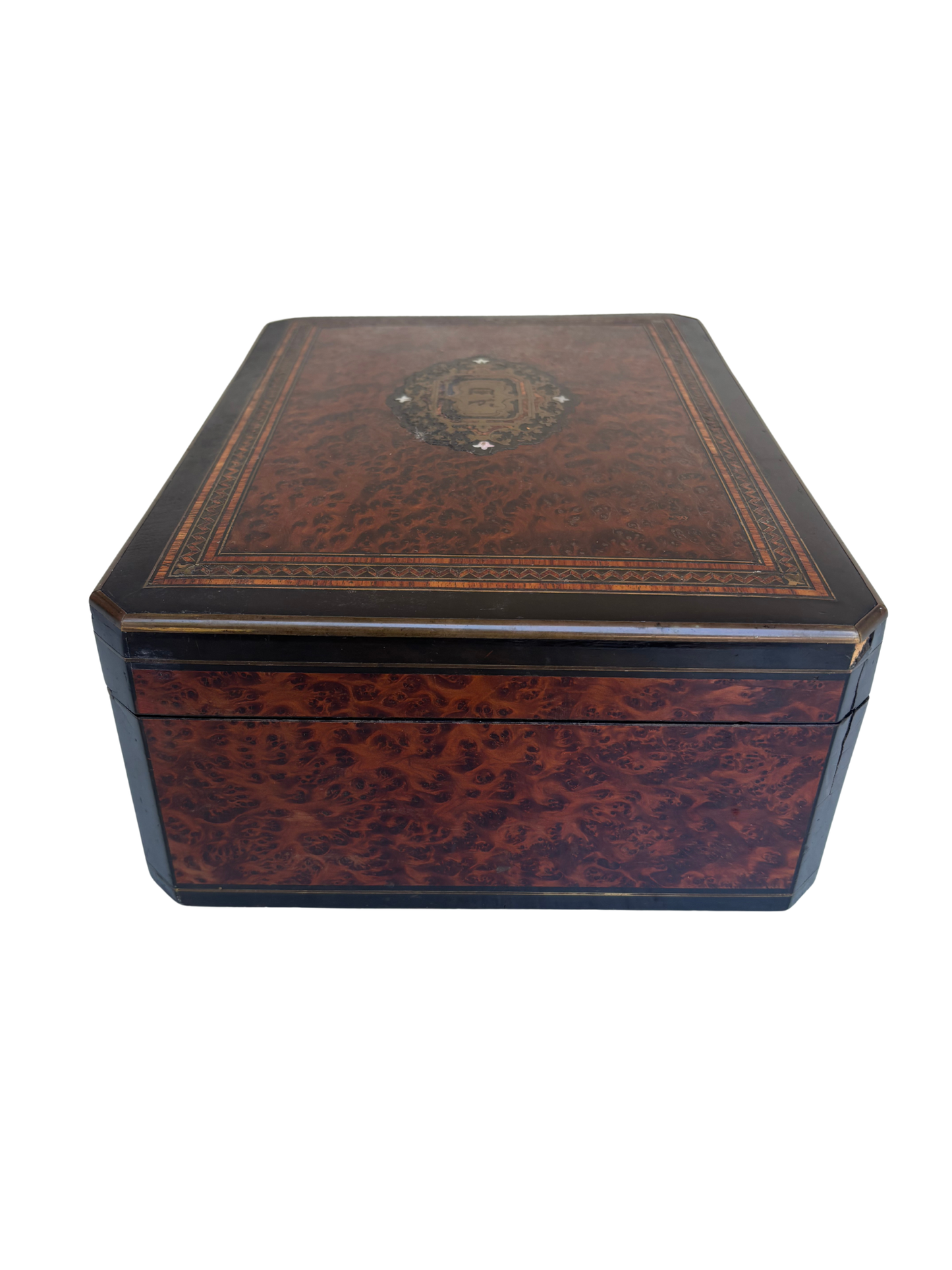 Victorian Burl Walnut and Ebonized Jewelry / Scarf Box with Tufted Satin Interior