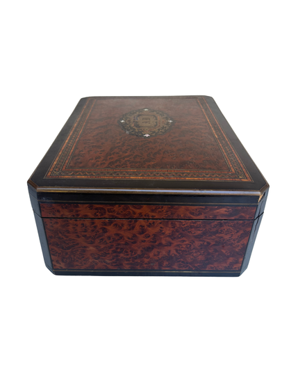 Victorian Burl Walnut and Ebonized Jewelry / Scarf Box with Tufted Satin Interior