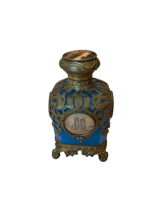 Blue Opaline Perfume Casket with Four Sides of France Monuments and Woman Portrait on Top