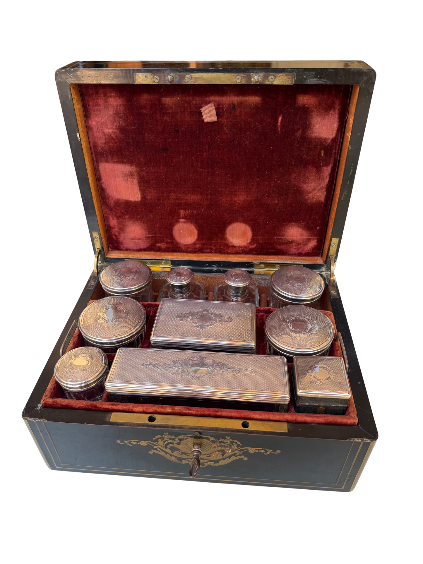 Napoleon III French Boulle-Style Fitted Dressing Case with Minerva Silver Appointments and Monogrammed Cartouche