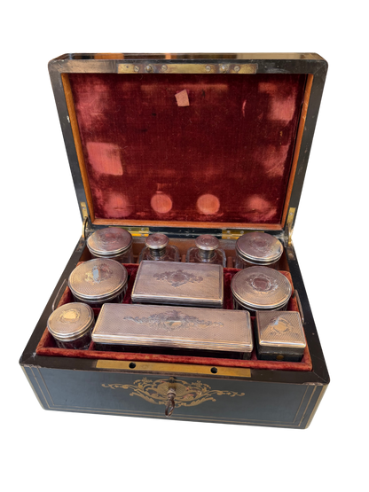 Napoleon III French Boulle-Style Fitted Dressing Case with Minerva Silver Appointments and Monogrammed Cartouche