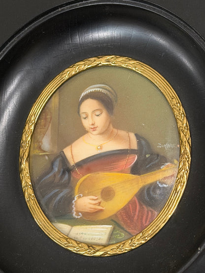 Hand-Painted Translucent Celluloid Portrait Plaque of a Renaissance Lady with Lute in 18K Gold Bezel, Signed "Dimarc"