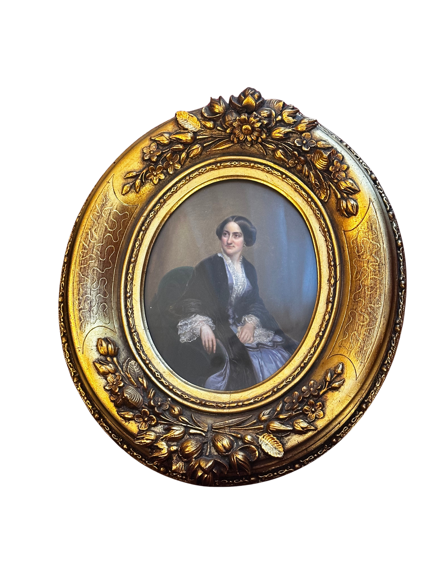 19th C Portrait Miniature of a Seated Lady in Oval Giltwood Frame