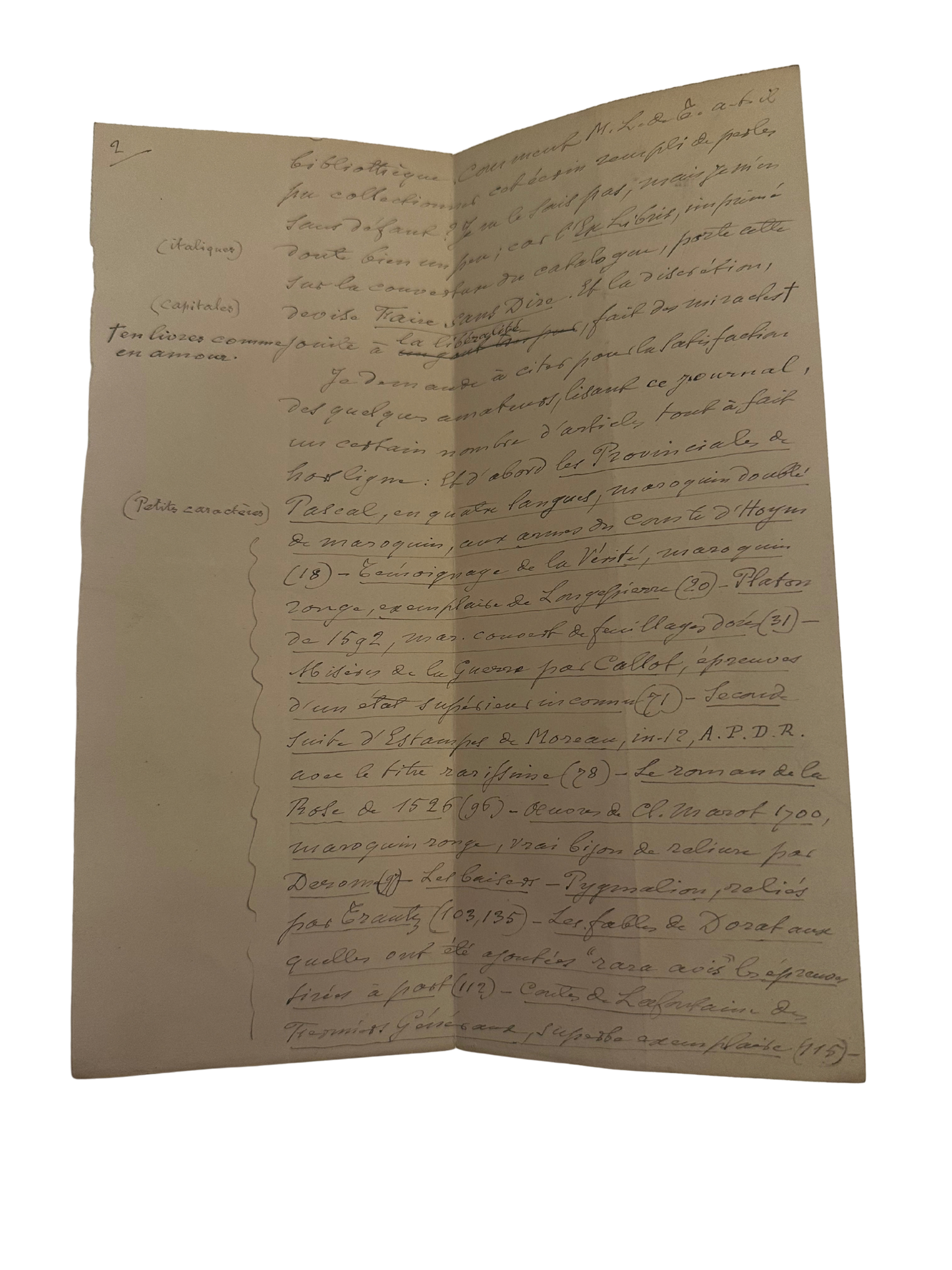 Handwritten French Bibliophile Catalog Manuscript — Private Library Sale Notes