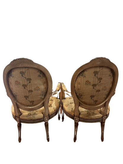 Early 20th C French Louis XVI Style Polychrome and Carved Fauteuils