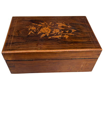 English Regency Rosewood Marquetry Work Box with Floral Inlay and Green Silk Interior, Circa 1820–1840