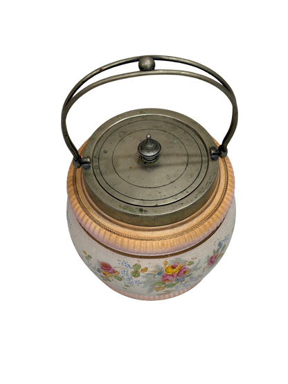 William Wood and Co. Hand-Painted Floral Biscuit Barrel with EPNS Mounts