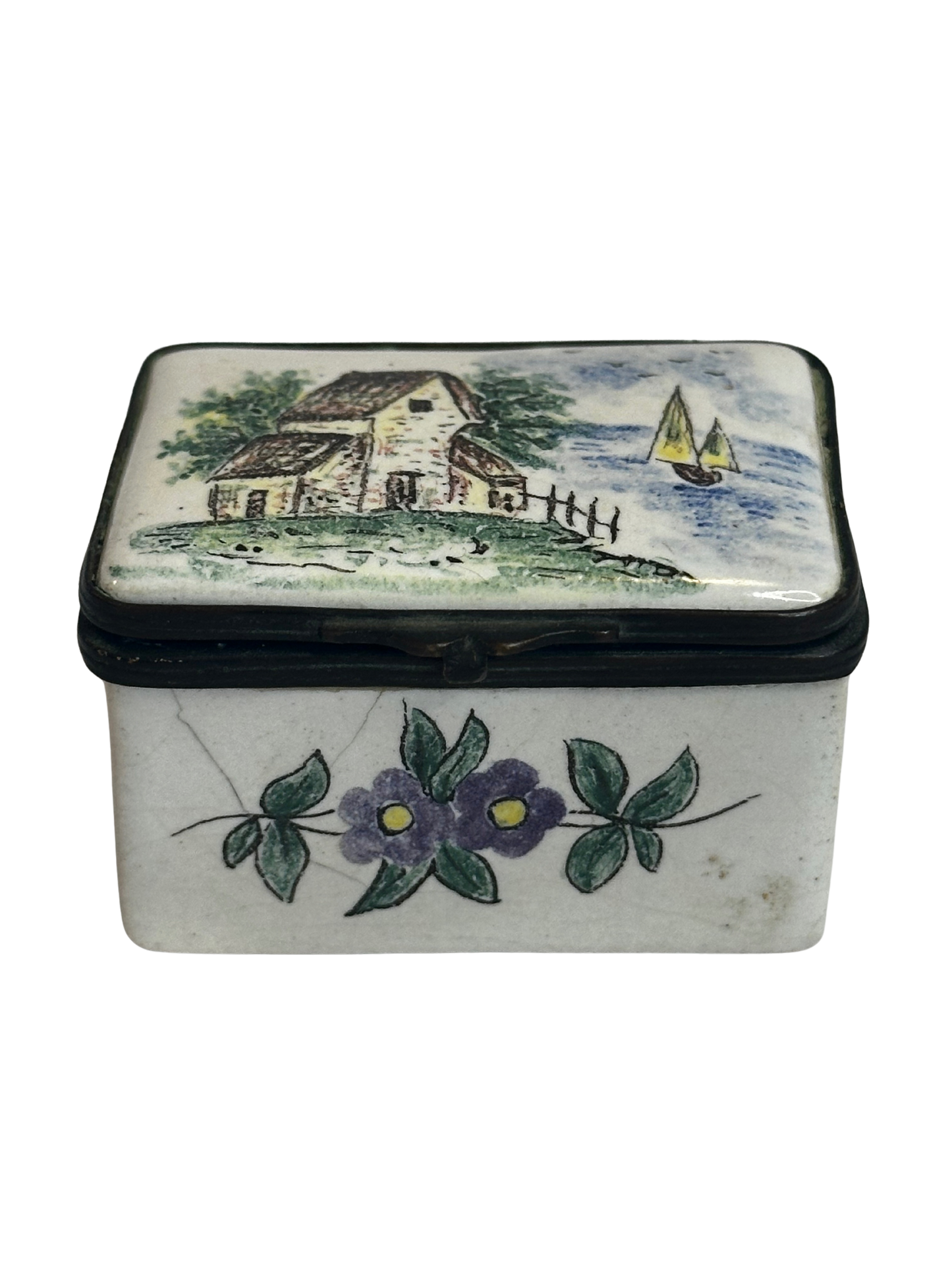 Antique Enamel Rectangular Box with Hand-Painted Pastoral Scene and Floral Decoration