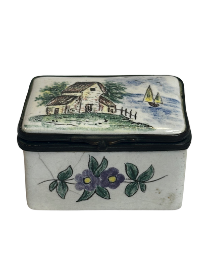 Antique Enamel Rectangular Box with Hand-Painted Pastoral Scene and Floral Decoration