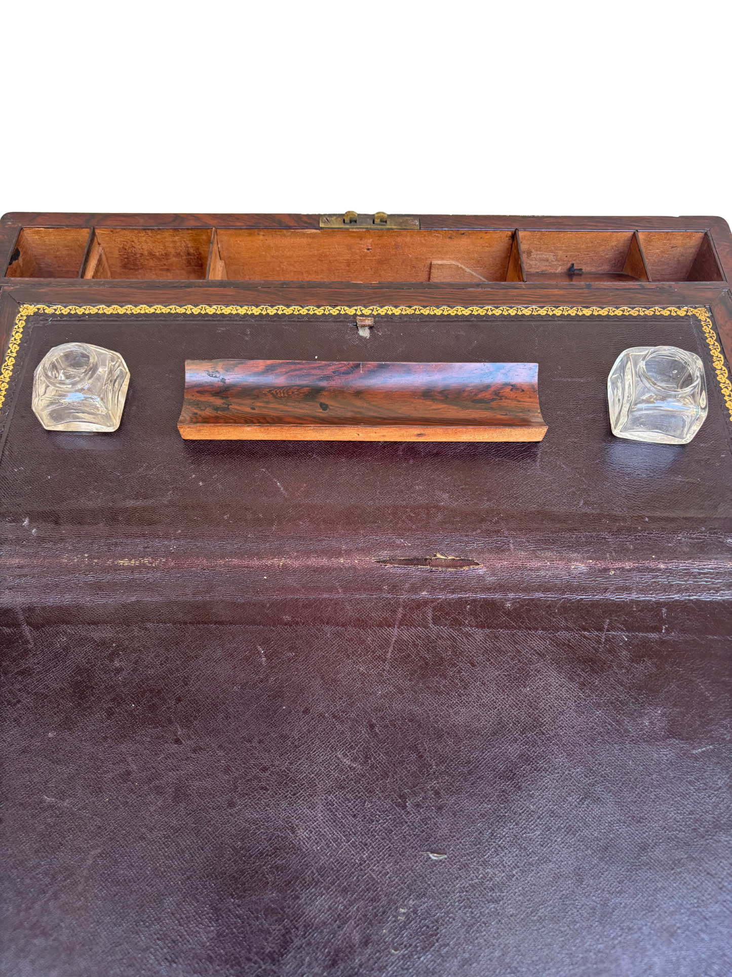Antique Rosewood Campaign-Style Writing Slope with Brass Mounts and Inkwells