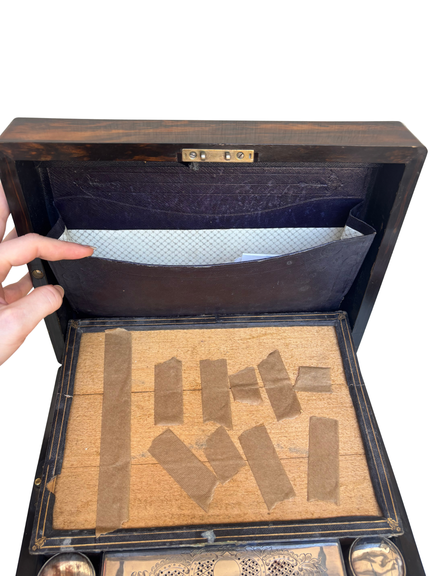 Fine Victorian Burled Walnut Vanity / Dressing Case with Silverplate Fittings, Secret Compartments, Hidden Documents, and Engraved Cartouche Dated 1891
