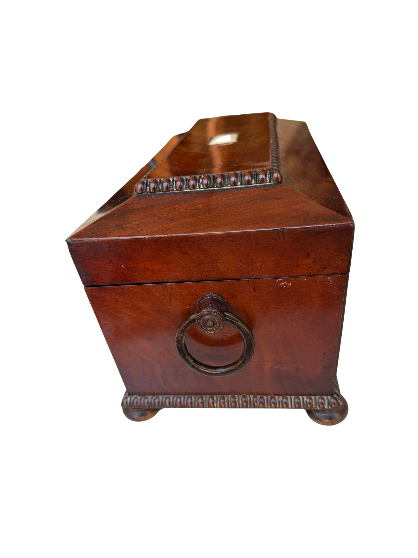 English Regency Figured Mahogany and Mother-of-Pearl Sarcophagus Tea Caddy with Cut Crystal Mixing Bowl
