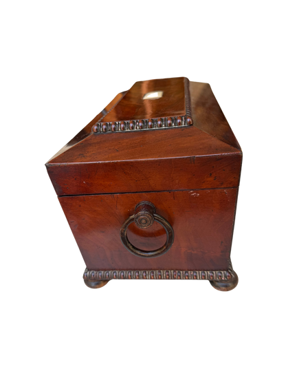 English Regency Figured Mahogany and Mother-of-Pearl Sarcophagus Tea Caddy with Cut Crystal Mixing Bowl