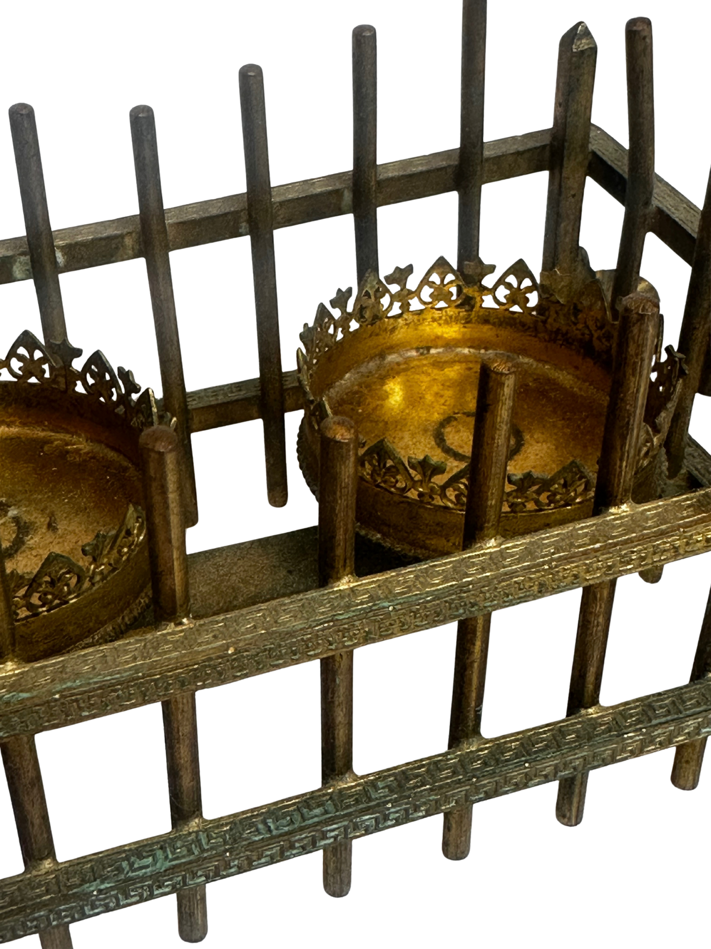Antique Bronze Vanity Caddy with Pair of Cut-Glass Scent Bottles